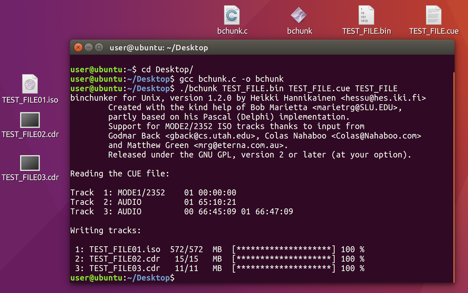 Linux bchunk example converting BIN and CUE files